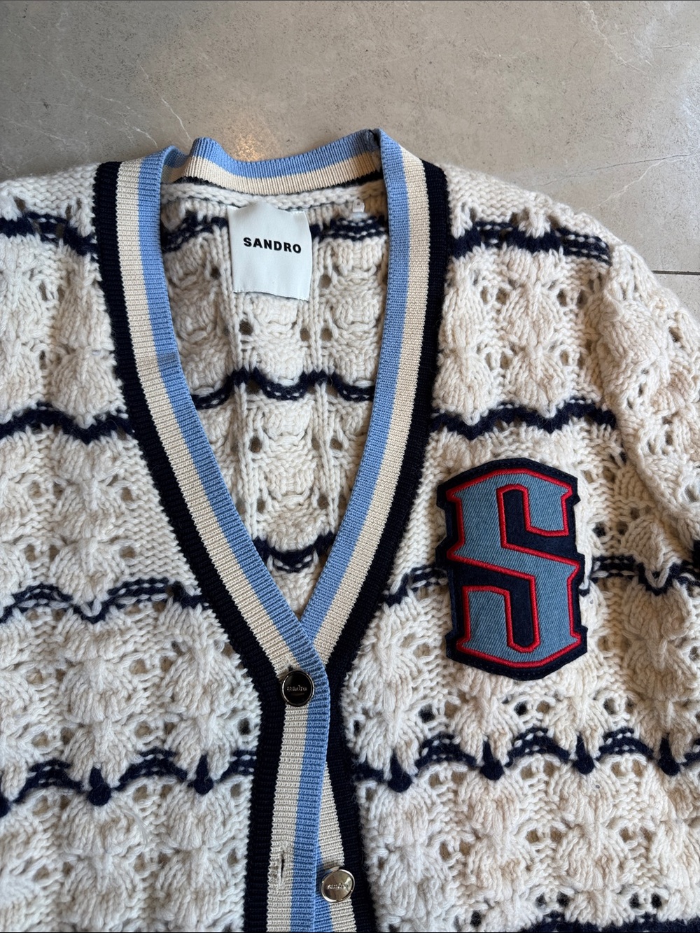 Sandro Cream Cable Knit Cardigan with Navy & Light Blue Trim - Picture 2 of 2